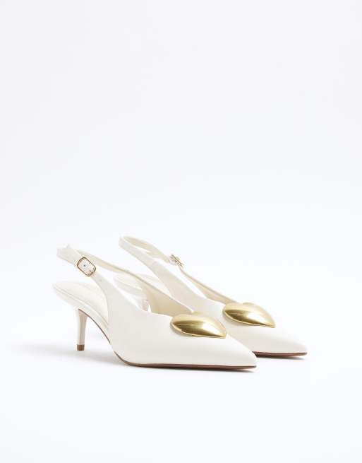 River Island Heart sling back heeled court shoes in white