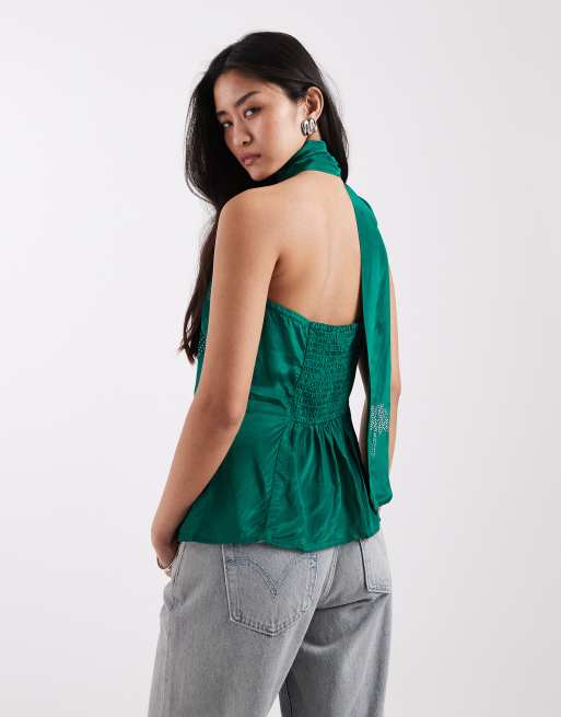 River Island heat seal bandeau co-ord with scarf in green, 3 of 4