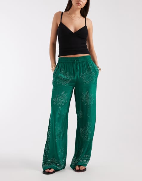 River Island heat seal diamante wide leg trousers in green - view 1