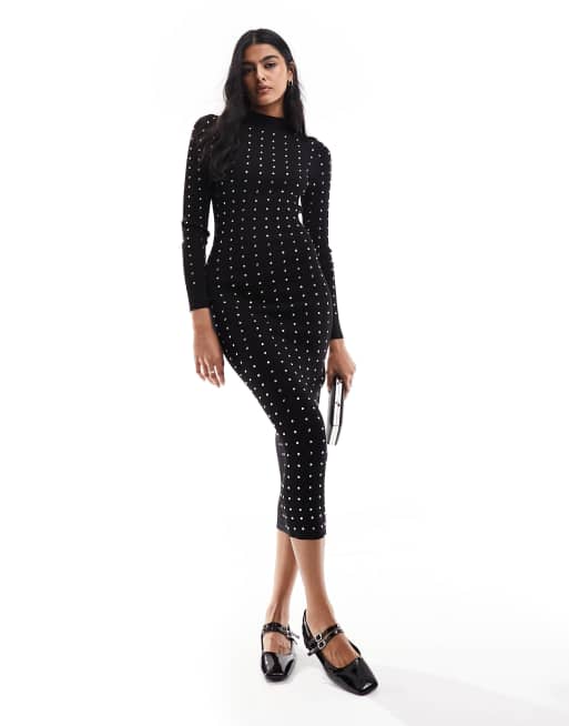 River Island Heatseal bodycon midi dress in black