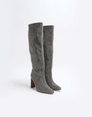 River Island Heatseal Knee High Heeled Boot In Gray