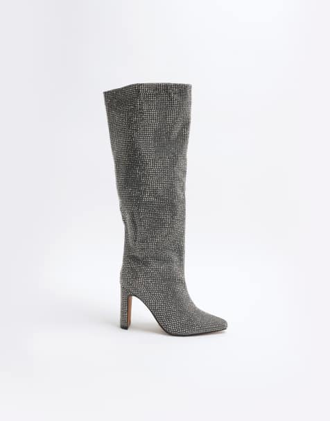 River Island heatseal knee high heeled boots in pewter - view 1