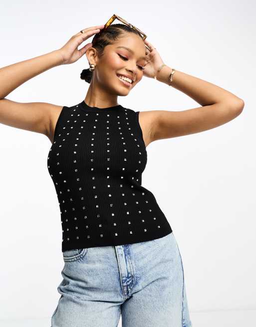 River Island heatseal singlet top in black