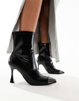 River Island Heeled Ankle Boot With Studded Toe In Black