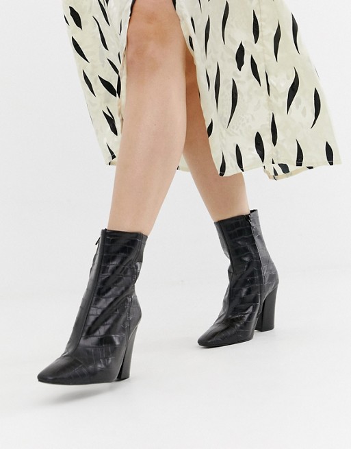 River Island heeled leather ankle boots in black embossed croc