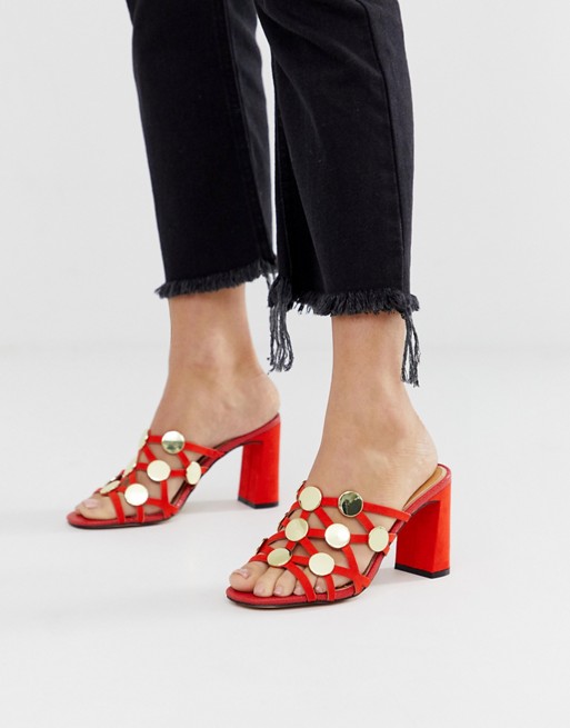 River Island heeled mules with circle detail in red