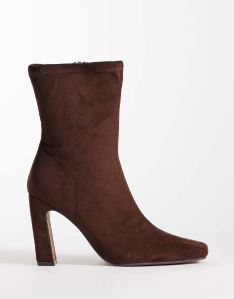 River Island heeled stretch boot in dark brown - view 1