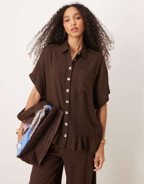 River Island – Hemdbluse in brauner Leinenoptik mit gebundenem Ärmeldetail - view 1