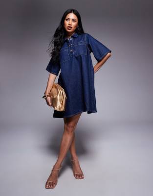 River Island - Hemdkleid in Indigo mit Kragen-Blau