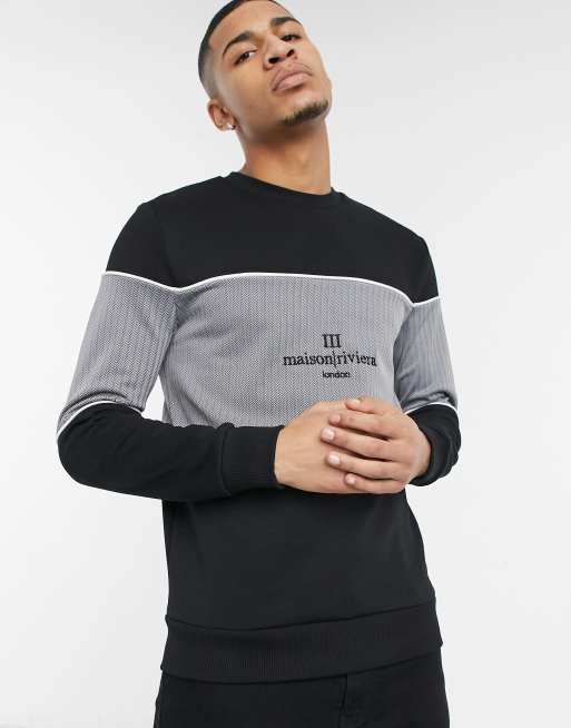River Island herringbone blocked sweat in black ASOS
