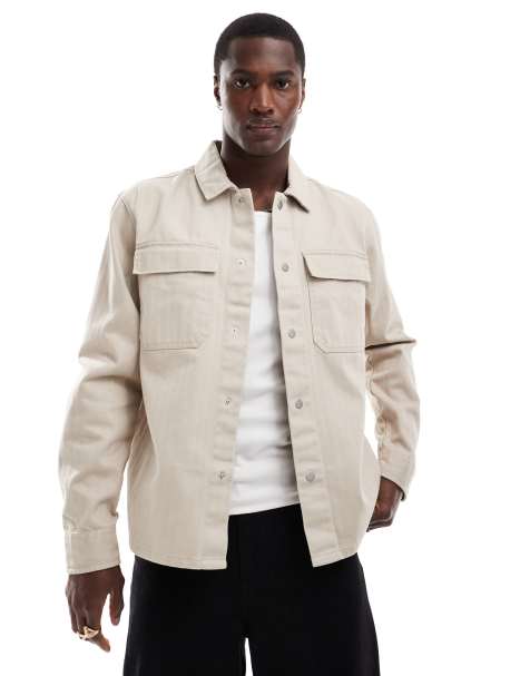 River Island herringbone over shirt in stone - view 1