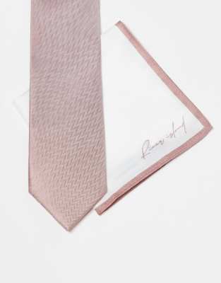 River Island Herringbone Tie And Pocket Square Set In Pink