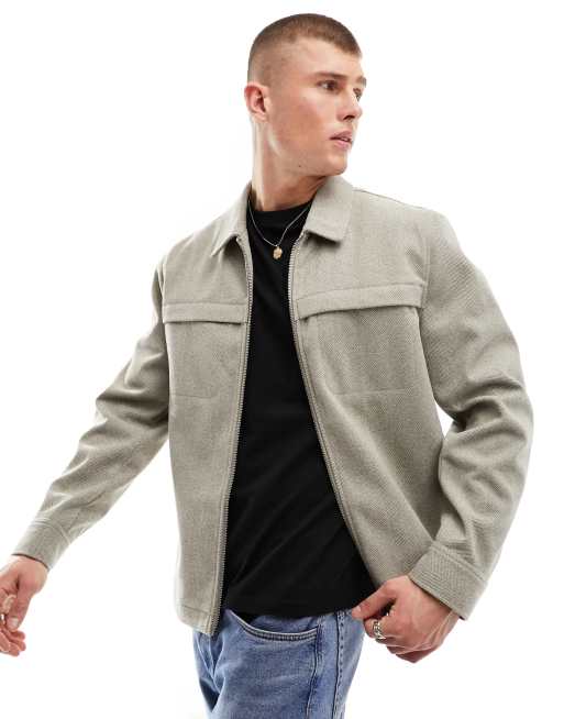 River Island herringbone wool look overshirt in light stone