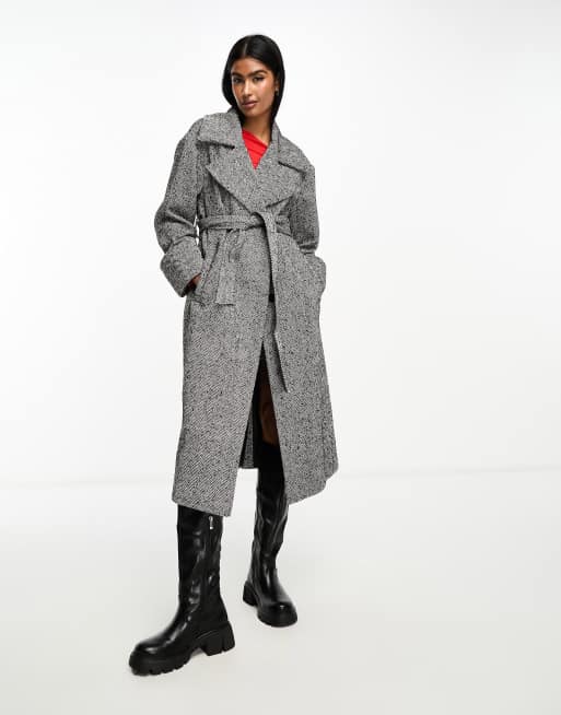 River Island Herringbone Wrap Coat in Black | ASOS