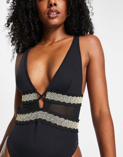 River Island high apex triangle swimsuit in black with gold trim