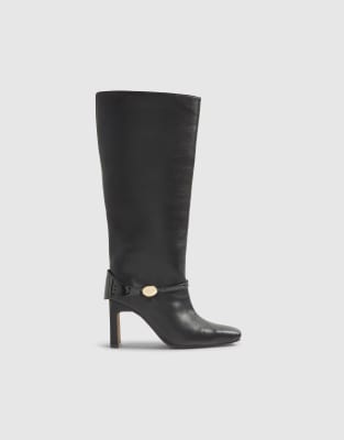  High leg gold hardware heeled boots 