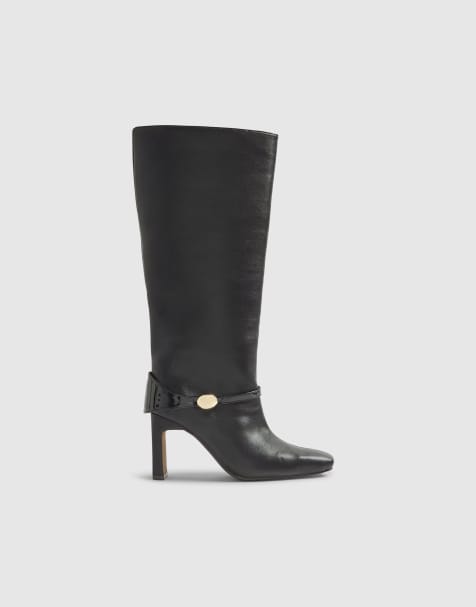 River Island High leg gold hardware heeled boots in black - view 1