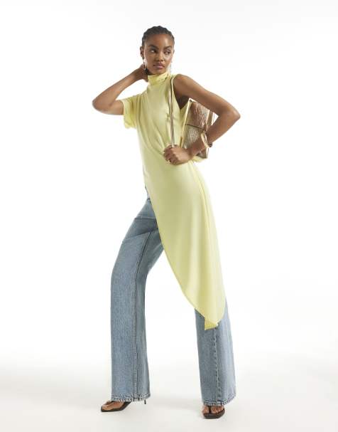 River Island High neck asymmetric flowing top in yellow - view 1