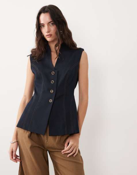River Island high neck denim waistcoat in dark denim - view 1