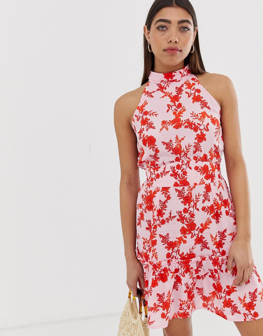 River Island high neck dress in mixed floral print-Pink
