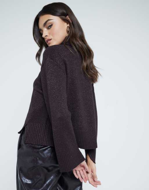 River Island High neck glitter jumper in brown