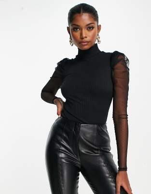 River Island high neck mesh puff sleeve top in black