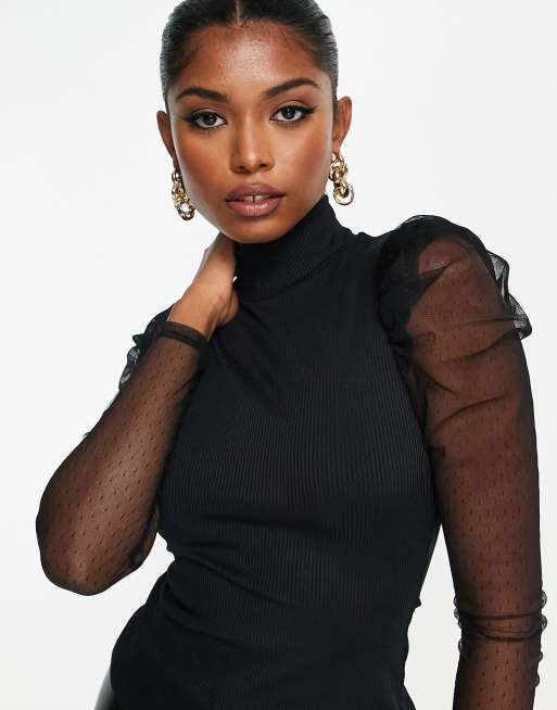 River Island high neck mesh puff sleeve top in black