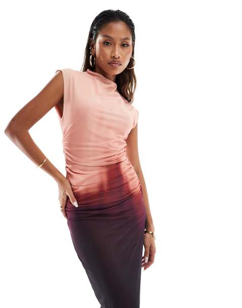 River Island high neck ombre mesh midi dress in pink - view 1