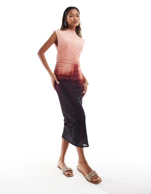 river island mesh dress River Island printed ruched mesh maxi dress in brown