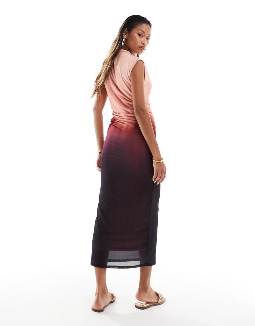 short sleeve striped midi dress Striped Side Slit Short Sleeve Midi Dress Mocha / S
