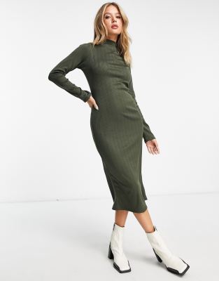 Khaki ribbed midi clearance dress