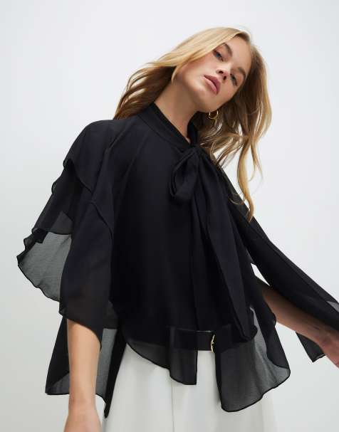 River Island High neck ruffle cape in black - view 1