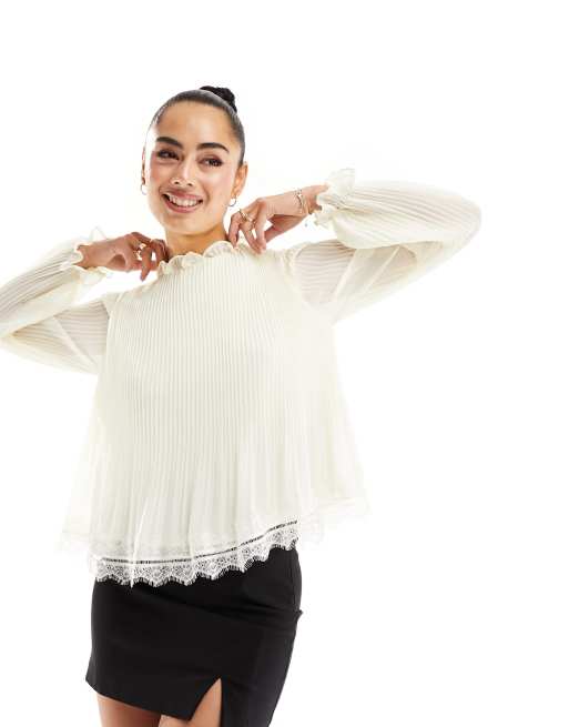 River Island High Neck Ruffle Top in Cream