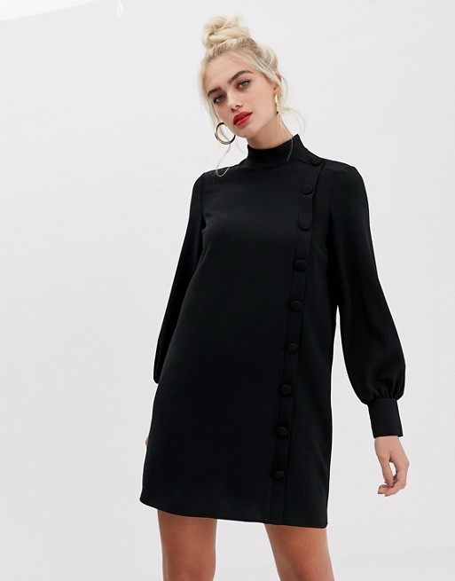 River Island high neck swing dress with button side detail in black