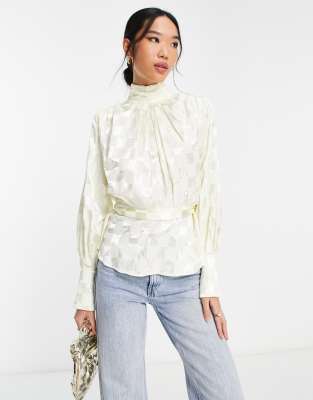 River Island high neck tie satin blouse in cream