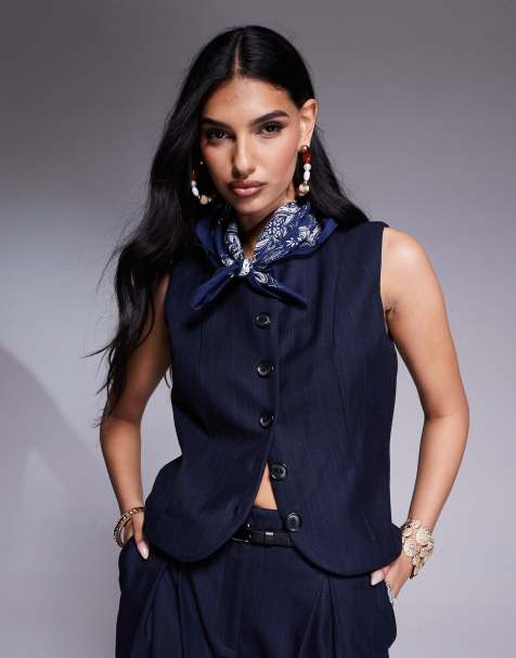 River Island high neck waistcoat co-ord in navy pinstripe - view 1