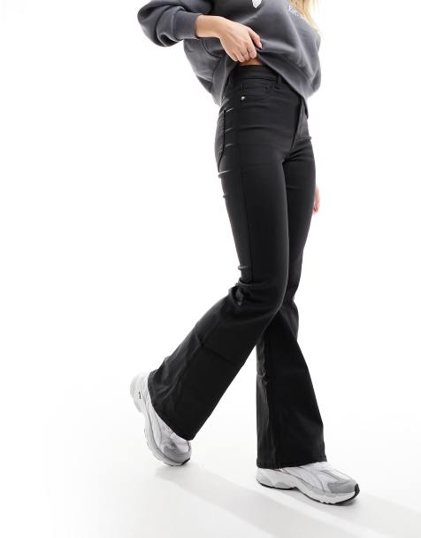 River Island high rise coated flare jeans in black - view 1