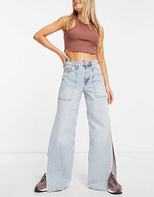 River Island high rise dad jean with thigh high split in light blue | ASOS