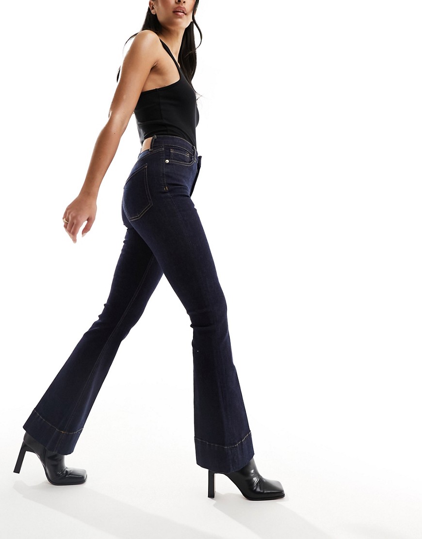 River Island High Rise Flared Jeans In Mid-blue