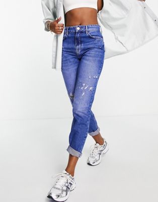 River Island high rise mom jean with rips in bright blue