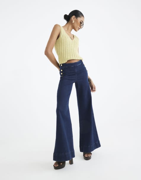 River Island High rise palazzo button detail jeans in denim - dark - view 1
