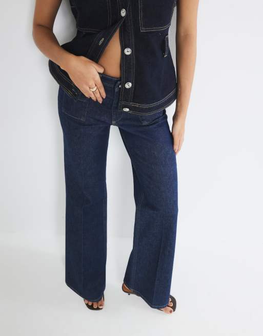 River Island high rise pocket detail flare jeans in dark denim , 2 of 4