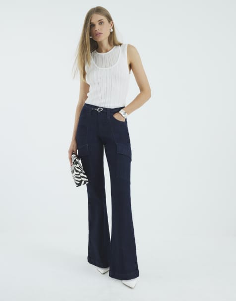 River Island High rise relaxed flared cargo jeans in denim - dark - view 1