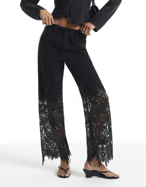 River Island High rise relaxed straight lace jeans in black, 3 of 4