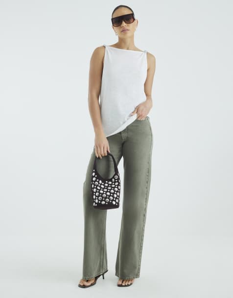 River Island High rise relaxed straight leg jeans in khaki - view 1