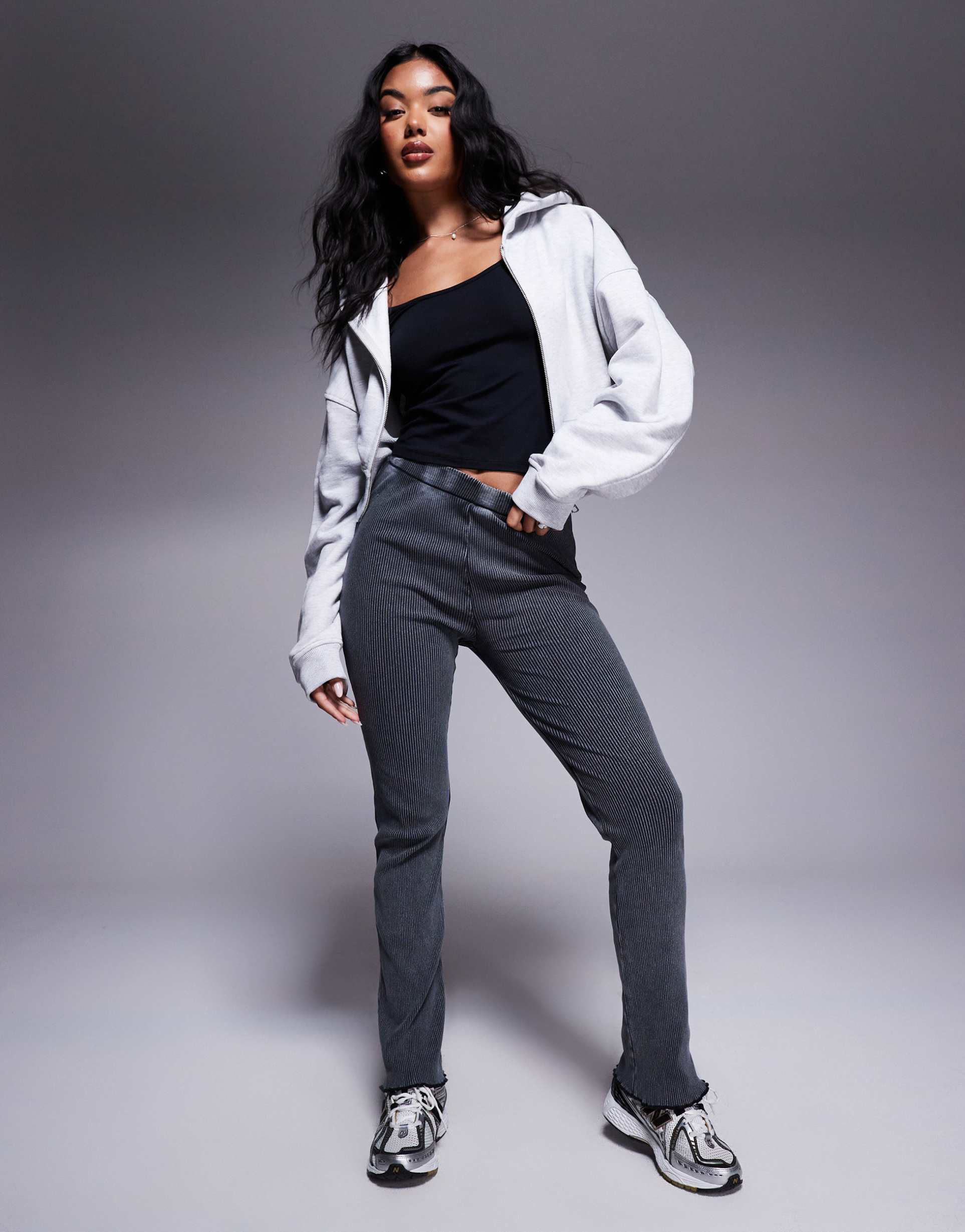 river island high rise ribbed flares in dark gray