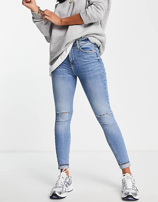Jeans River Island high rise skinny jean with rips in medium blue 