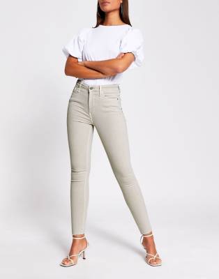 River Island high rise skinny jeans in beige-Neutral