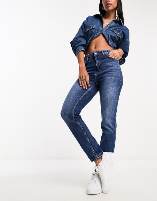 River Island high rise slim mom jean in mid blue wash | ASOS