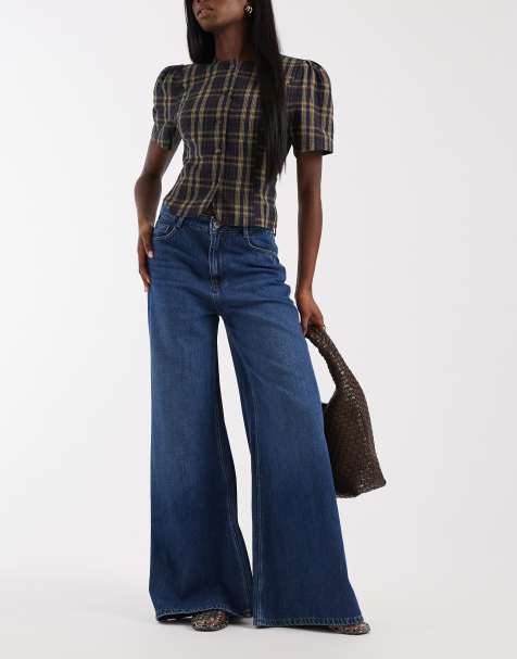 River Island high rise soft wide leg jeans in dark denim - view 1